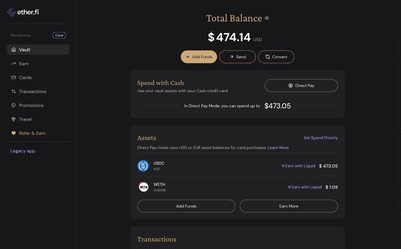 ether.fi Cash Card dashboard v Direct pay mode