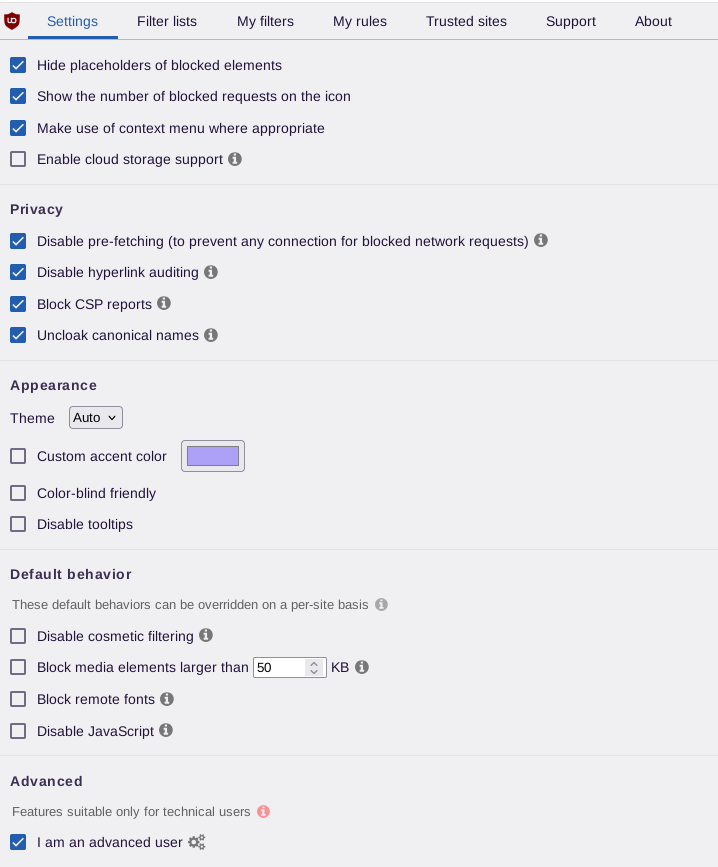 uBlock Origin advanced mode settings for advanced filtering