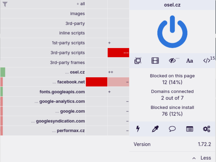 uBlock Origin example of blocking Facebook trackers and 3rd-party scripts