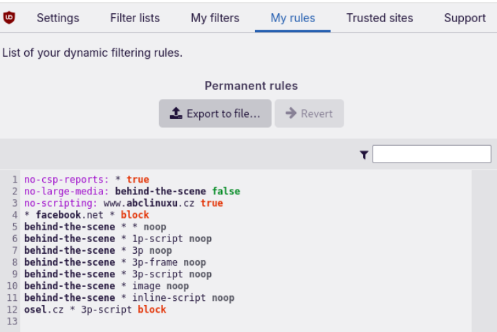 uBlock Origin dynamic rules in text format in Settings