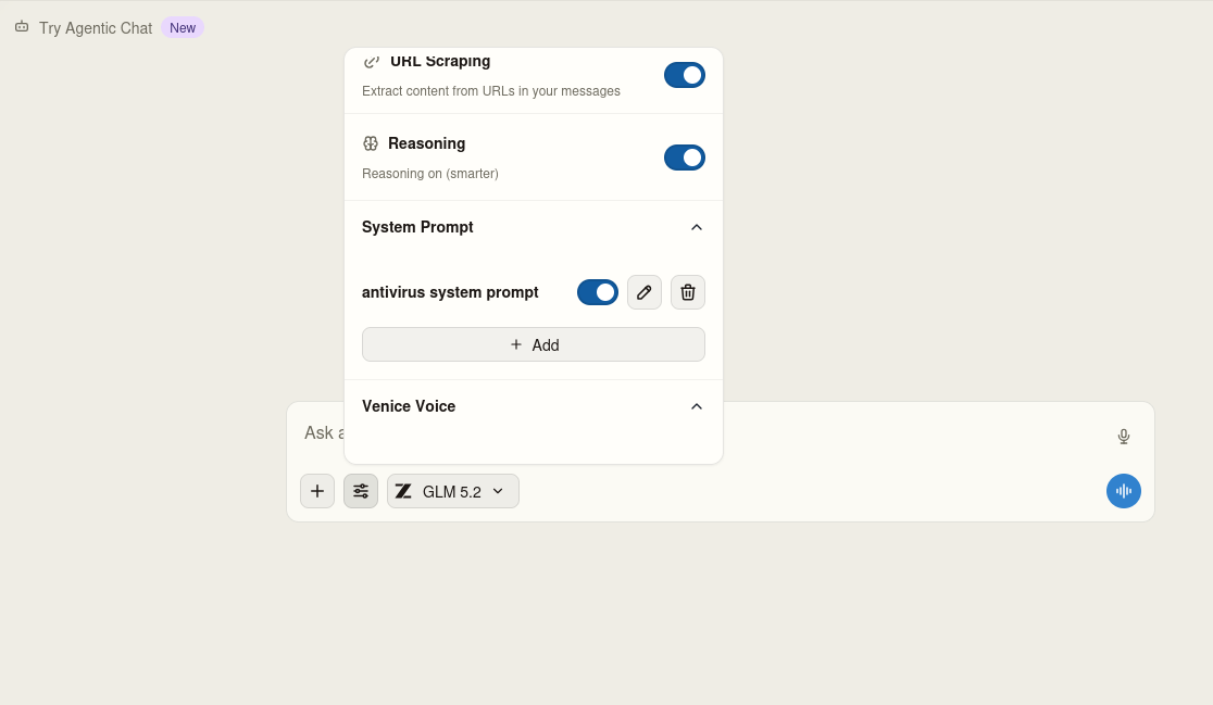Venice.ai system prompt settings